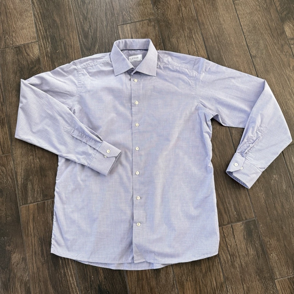 Eton Dress Shirt Men 16.5 42 Blue Pink Gingham Check Button Up